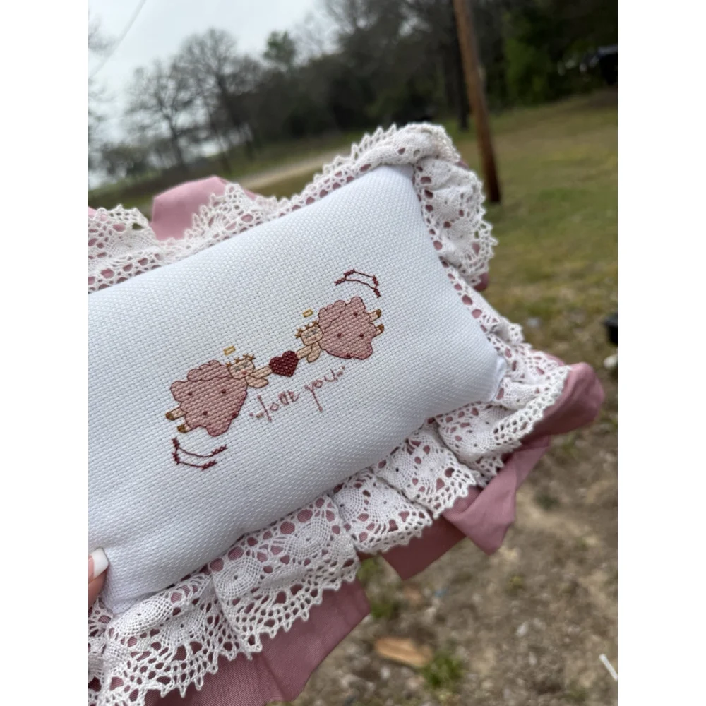 Vintage Cross Stitch Handmade Pillow “LOVE YOU” Angels Rectangle Lace Ruffles